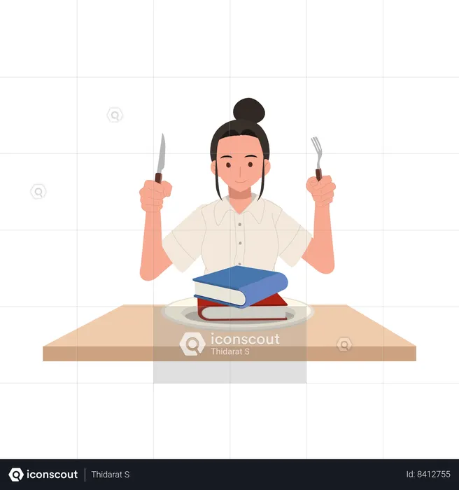 College Life in Thailand Student in Uniform with Cutlery and Knowledge Book  Illustration