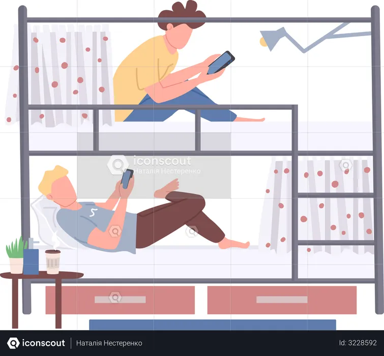 College students sharing bunk bed  Illustration