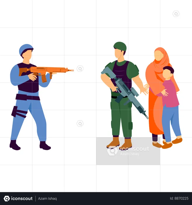Combatant threatening scared woman and son  Illustration