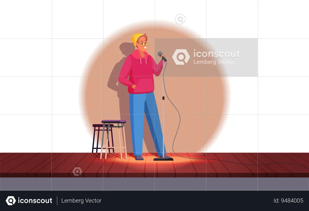 Comedy live show with male comic, funny guy in hoodie, hat standing in spotlight on stage  Illustration