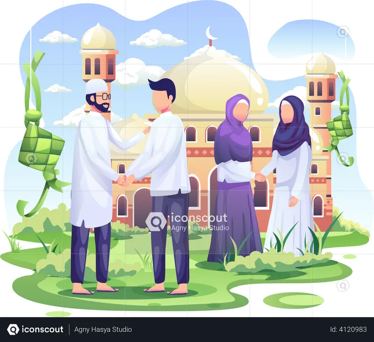 Comemore Eid Mubarak na frente da mesquita  Ilustração