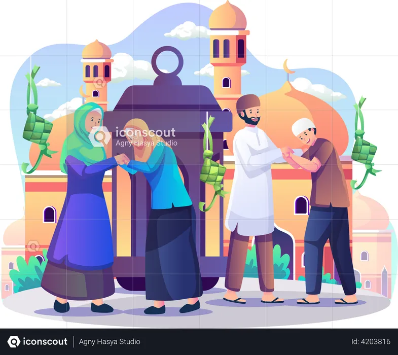 Comemore Eid Mubarak na frente da mesquita  Ilustração