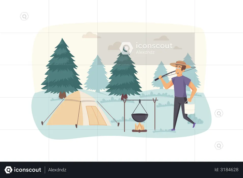 Turista cocinando comida en una fogata en el campamento de verano  Ilustración