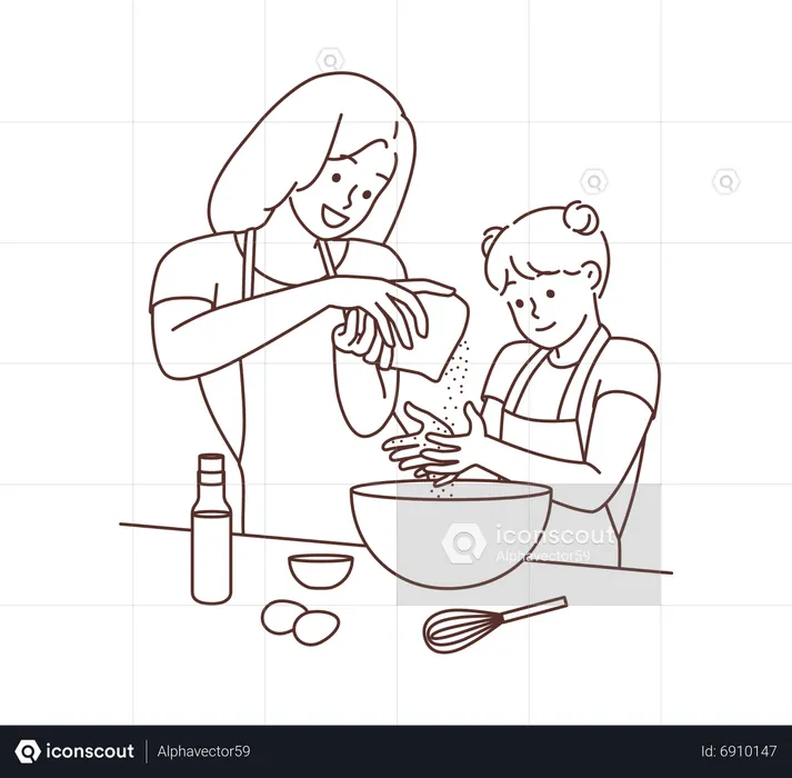 Mãe e filha assando comida  Ilustração