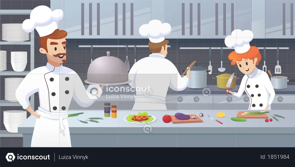 Commercial Kitchen with Cartoon Characters Chef Cook Dish Dinner  Illustration