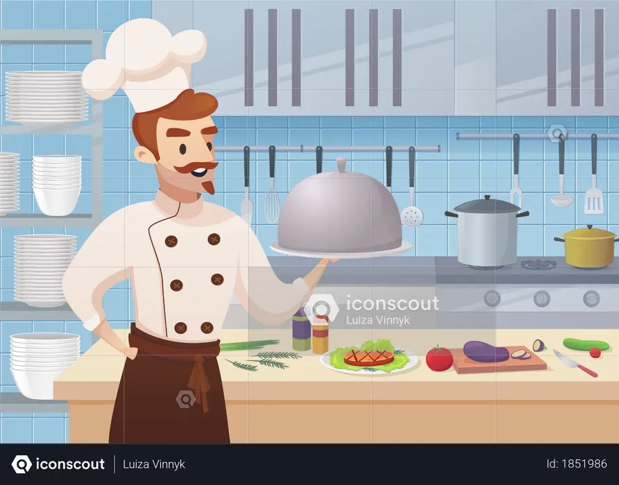 Commercial Kitchen with Cartoon Characters Chef Cook Dish Dinner  Illustration