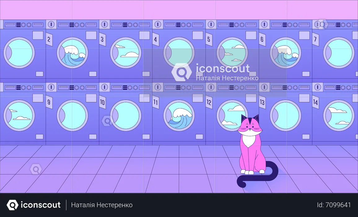 Commercial washers with cat lo fi chill wallpaper  Illustration