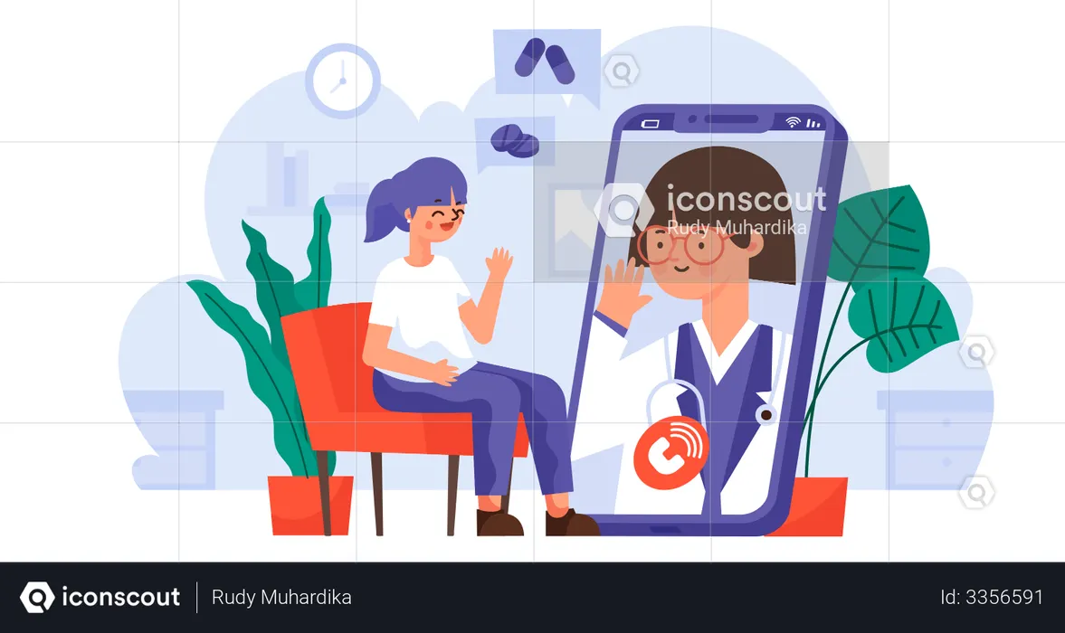 Communication and Consultation via Video Call from Home for Coronavirus  Illustration