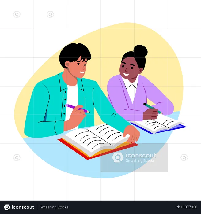 Compañeros de clase haciendo estudio en grupo  Ilustración