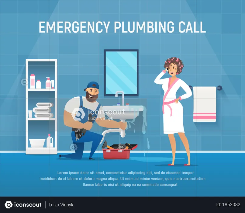 Company Plumber Repair Pipe Leak under Washstand in Bathroom  Illustration