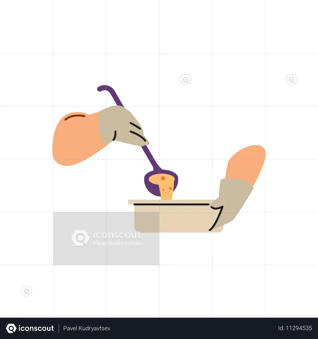 Mano que comparte alimentos sirviendo sopa con un cucharón  Ilustración