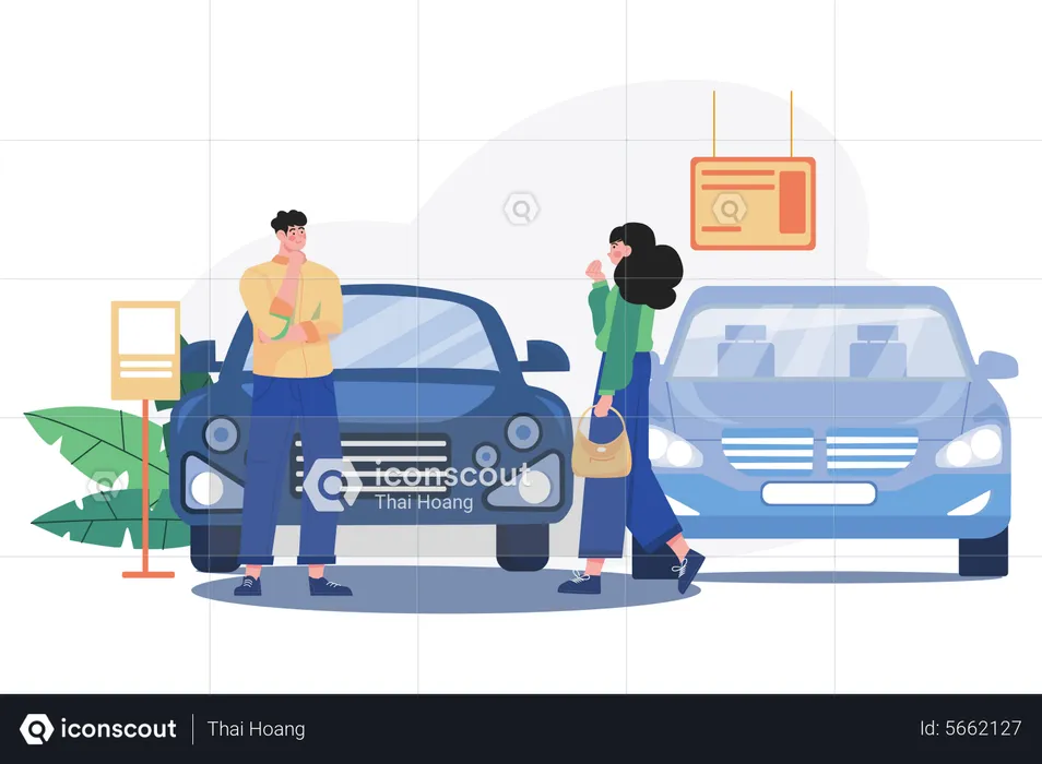 Comprador eligiendo automóvil en la tienda  Ilustración