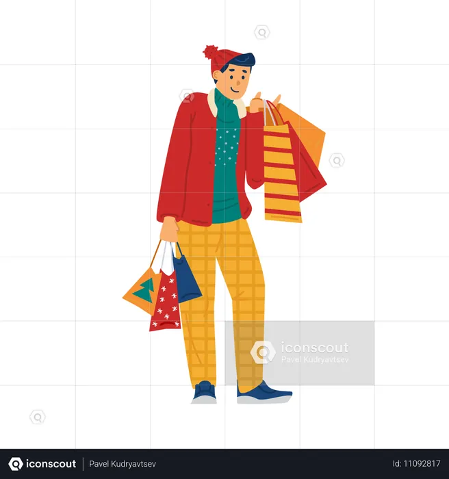 Un comprador masculino disfruta de las grandes rebajas y descuentos navideños en las tiendas  Ilustración