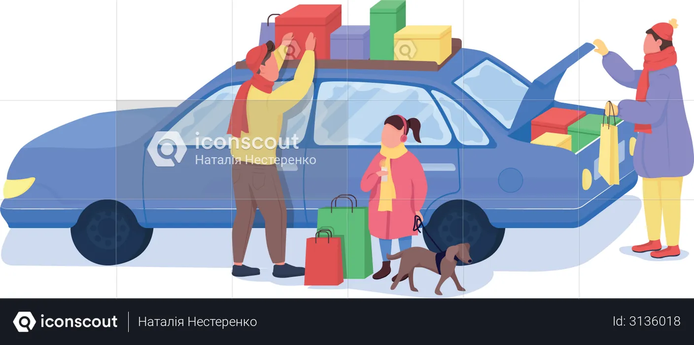 Família fazendo compras de fim de ano  Ilustração