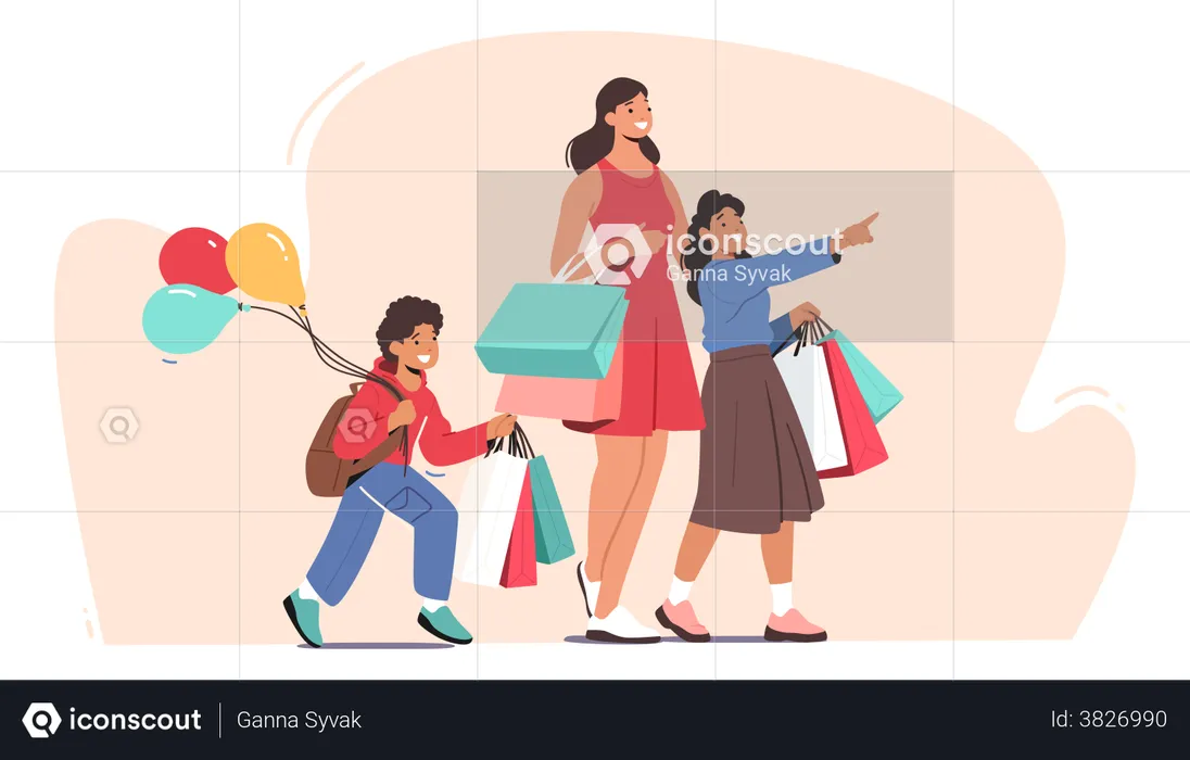 Tempo livre para compras em família no fim de semana  Ilustração