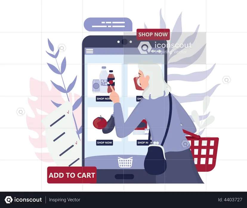 Compras de supermercado on-line usando dispositivo  Ilustração