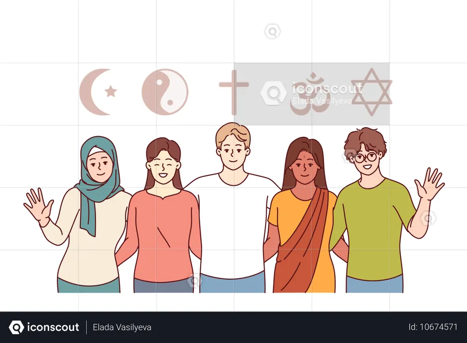 Compréhension interreligieuse des personnes prêchant l'islam, le christianisme, le bouddhisme et le judaïsme  Illustration