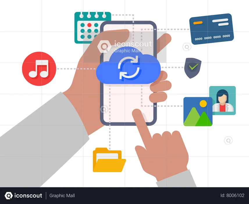 Serviço online de upload e download de dados de computação em nuvem com telefone celular  Ilustração