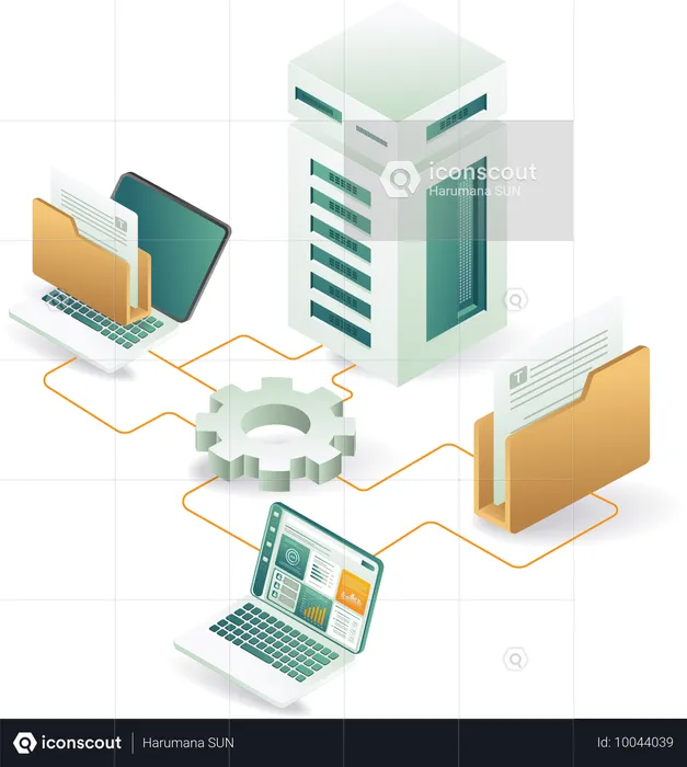 データ共有のためにサーバーに接続されたコンピューター  イラスト