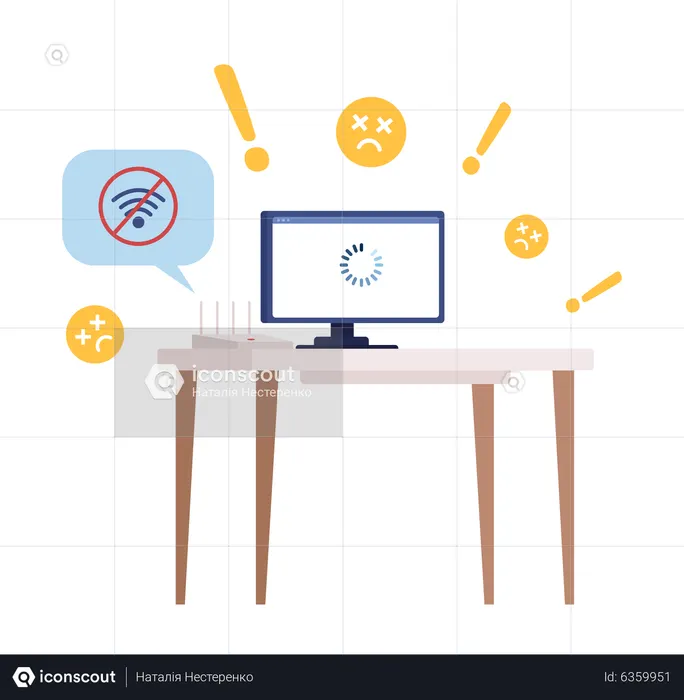 Computer on table with failed internet connection  Illustration