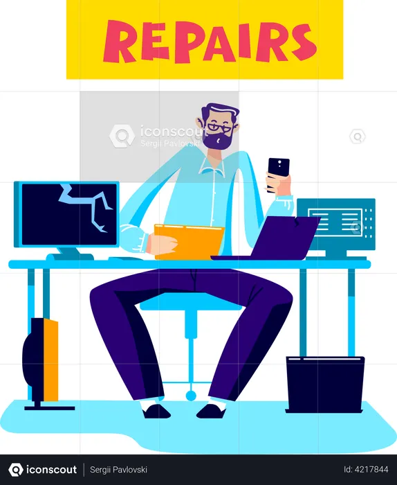 Computer repairing service worker fixing devices  Illustration