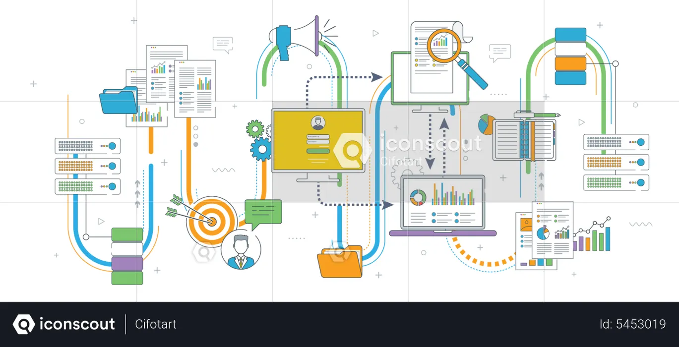 Computer with secure access to files on the network, cloud file transfer, Concepts cloud computing, data network, big data and business intelligence, Thin line flat vector illustration  Illustration