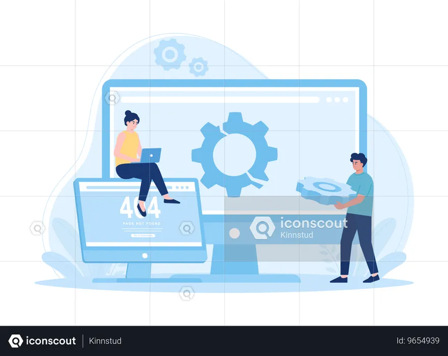 Computertechniker repariert Computerbildschirm mit Ausrüstung und Schraubenschlüssel  Illustration