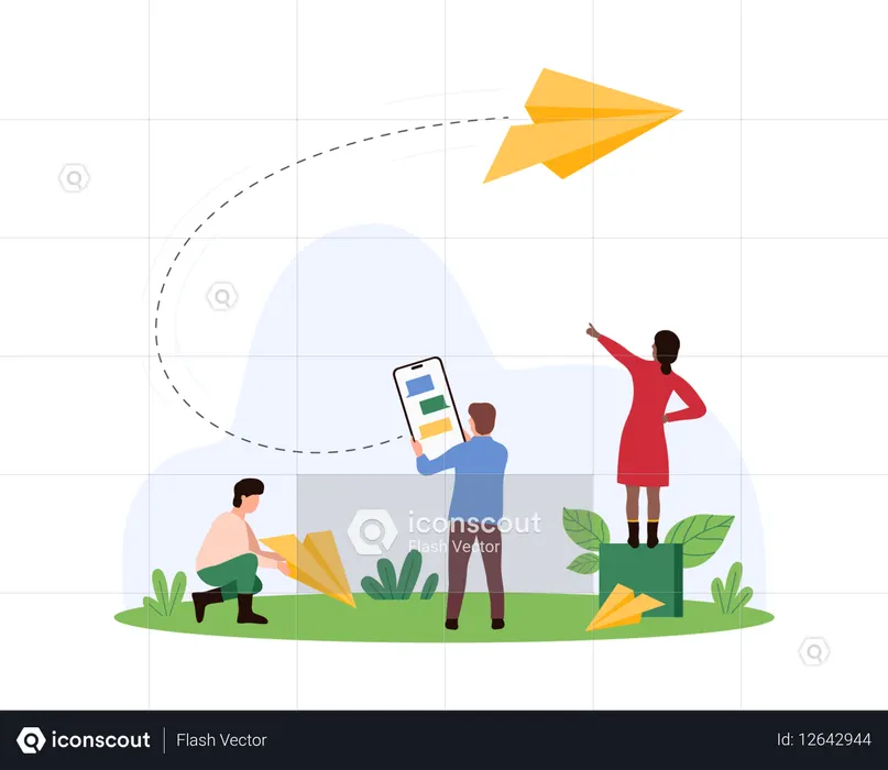 Comunicación en redes sociales en línea en aplicaciones móviles: personas diminutas envían aviones de papel desde la pantalla.  Ilustración