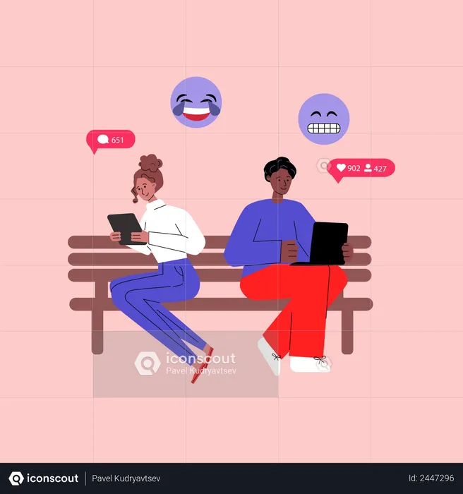 Concept de communication sur les réseaux sociaux avec diverses personnes, personnages de dessins animés, messagerie via des gadgets mobiles  Illustration