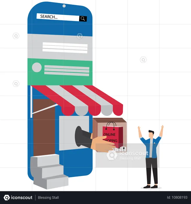 Achats en ligne, concept de livraison de boutique en ligne, illustration de boutique en ligne mobile, un homme heureux reçoit un colis du concept de livraison d'achats en ligne, illustration vectorielle avec un style de conception plat  Illustration