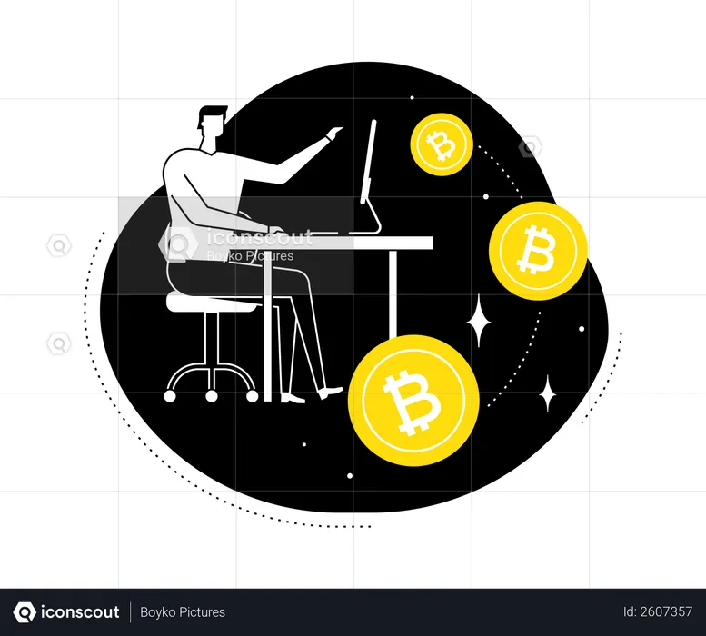 Concept de crypto-monnaie - homme d'affaires travaillant sur l'ordinateur au bureau  Illustration