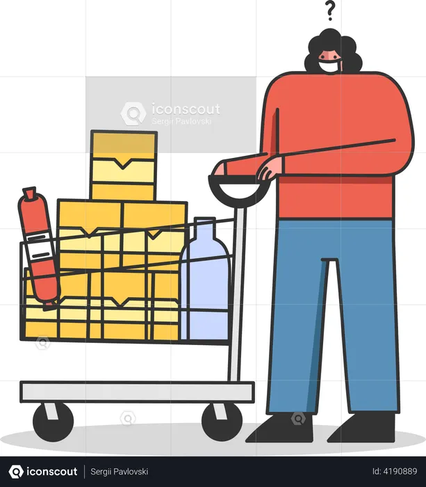 Concept Of a Quarantine During Coronavirus Customer Woman With Trolley Full Of Food In The Supermarket Wearing Protective Mask For Her Safety  Illustration