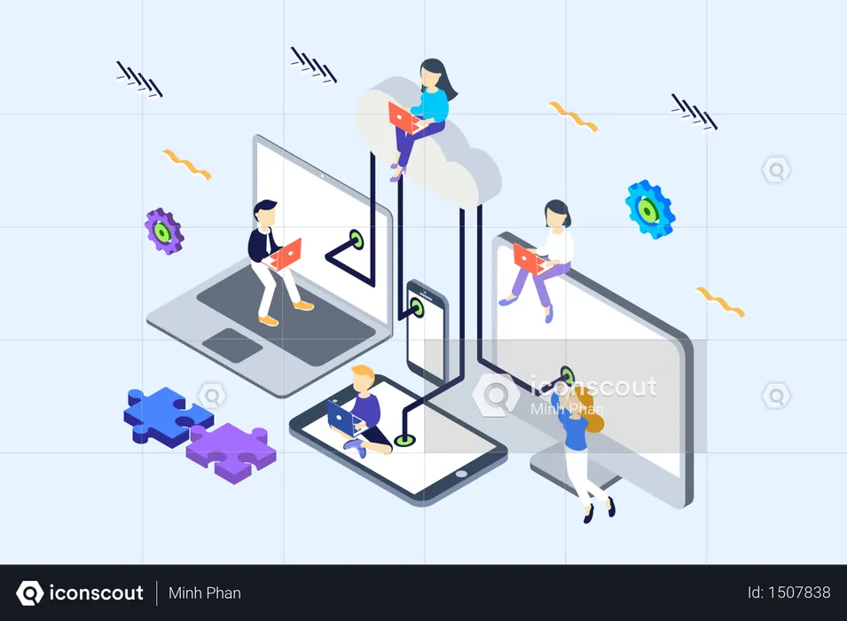 Concept of Cloud computing connected devices network  Illustration