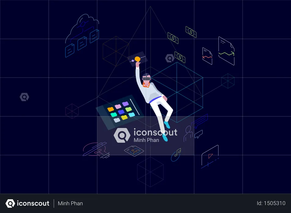 Concept of cloud data storage and data management using vr glasses  Illustration