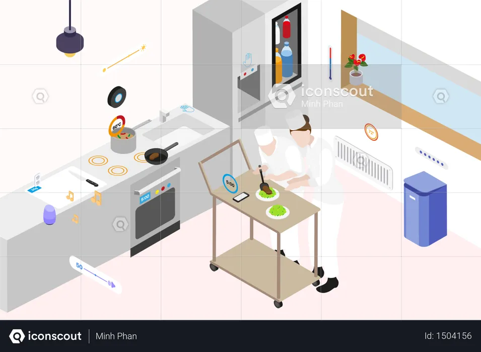 Concept of cooks cooking in smart kitchen  Illustration
