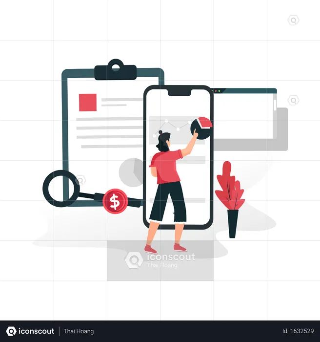 Concept of data analysis and data searching via application and website  Illustration