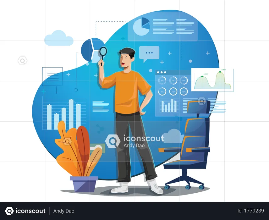 Concept of manager analyzing reports and infographic information  Illustration