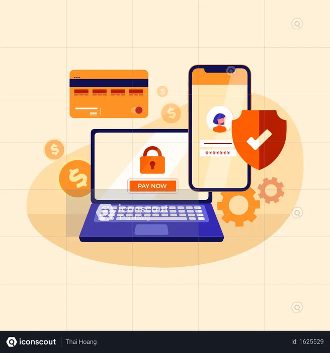 Concept of secure online payment using laptop, card and smartphones  Illustration