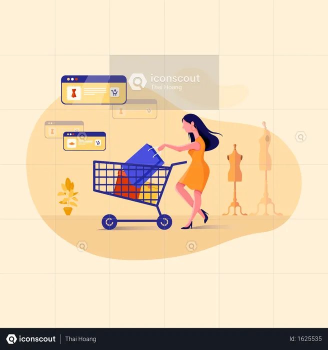 Concept of shopping addicted girl  Illustration