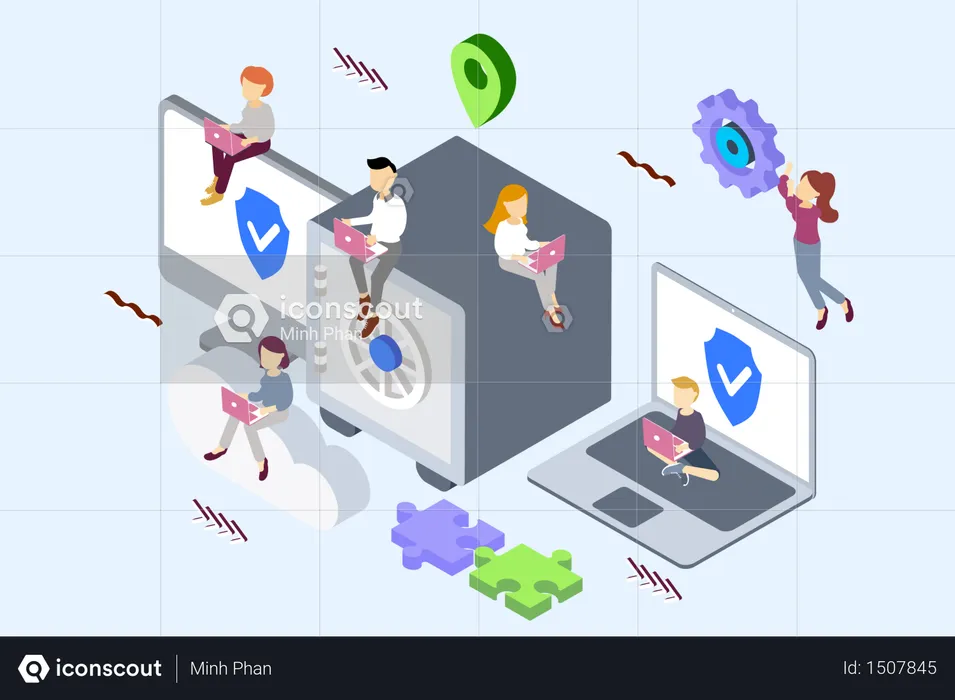 Concept of skilled people working on cloud security  Illustration