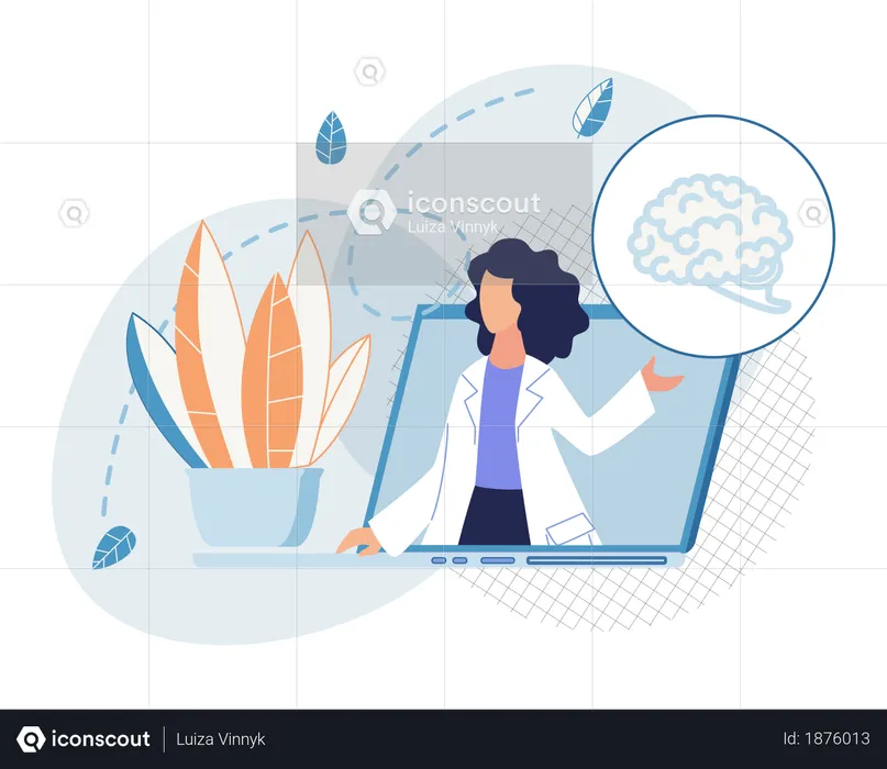 Concept of the online lecture where lady doctor describing brain problems online via laptop  Illustration