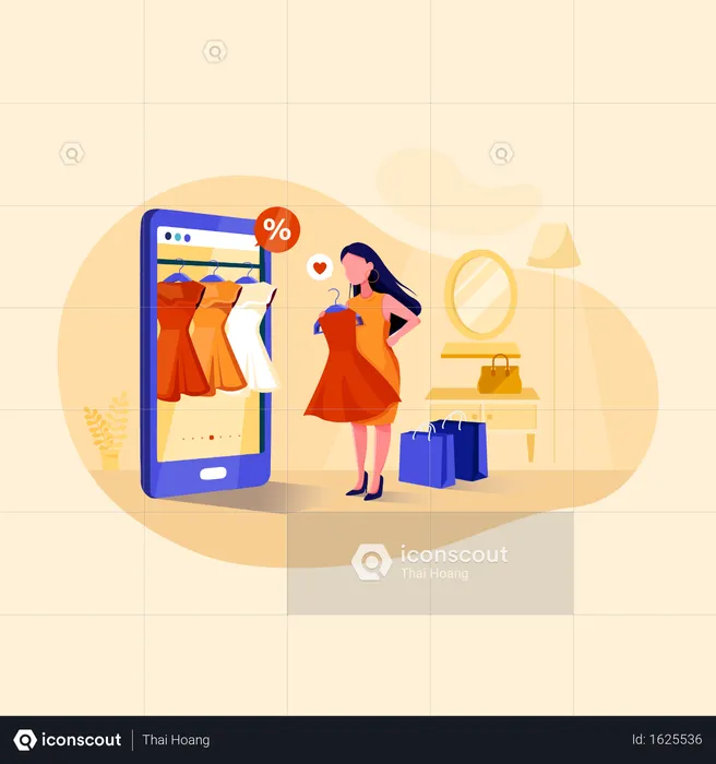 Concept of young woman shopping some dress on ecommerce site using mobile  Illustration