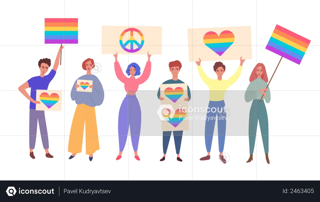 Concepto de orgullo de la comunidad Lgbt con personajes de dibujos animados de personas, hombres y mujeres con carteles y banderas de arcoíris  Ilustración