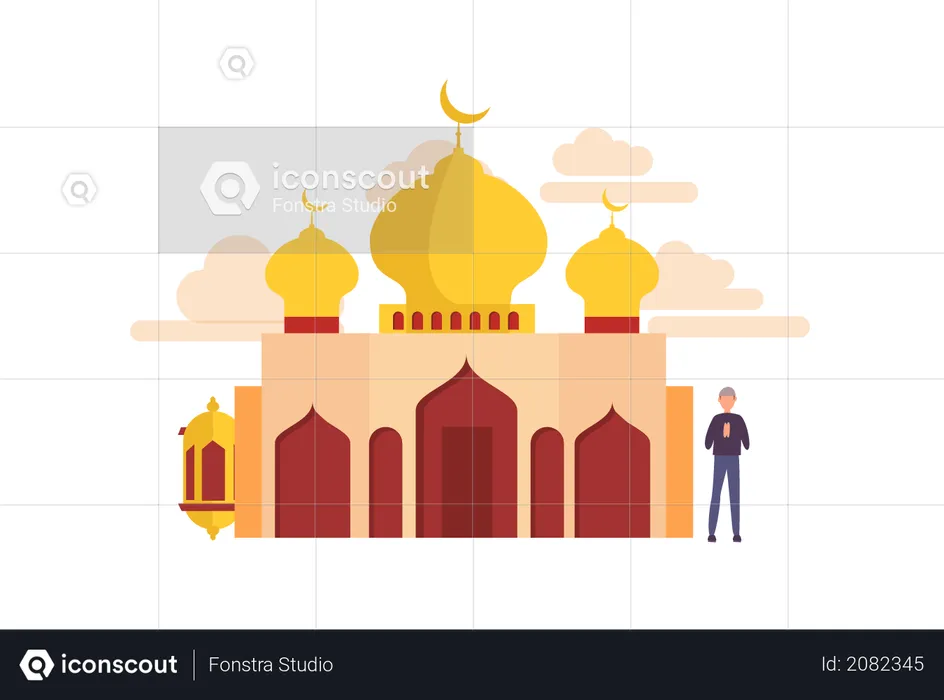 Feliz concepto de ramadán con carácter de gente pequeña para plantilla de página de inicio web, banner, volante y presentación. diseño plano islámico eid fitr o adha  Ilustración