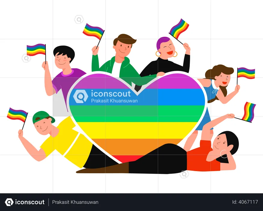 Ilustración vectorial del concepto del mes del orgullo LGBT. Caricatura de un grupo de jóvenes amantes parados juntos, saludando, sosteniendo el corazón del arco iris y la bandera LGBT en las manos, amor homosexual del arco iris aislado en el fondo cian  Ilustración