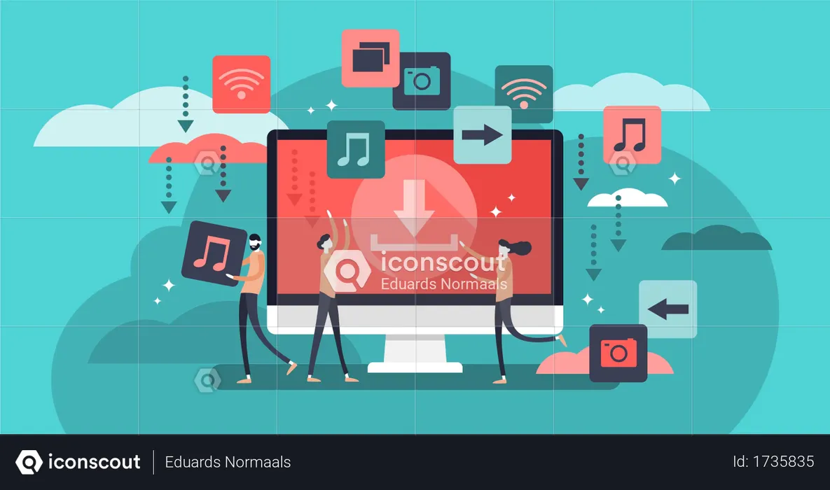 Concepto estilizado para la piratería de datos de torrents desde servidores, compras de medios en línea, transferencia y uso compartido de archivos  Ilustración