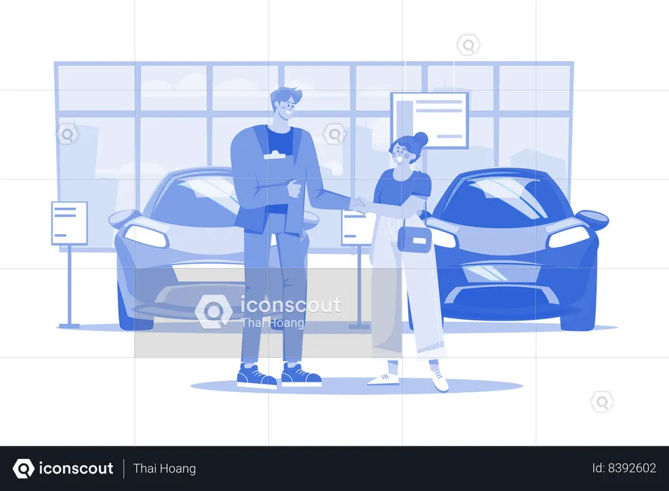 Vendedor de concessionária de automóveis cumprimentando o cliente  Ilustração