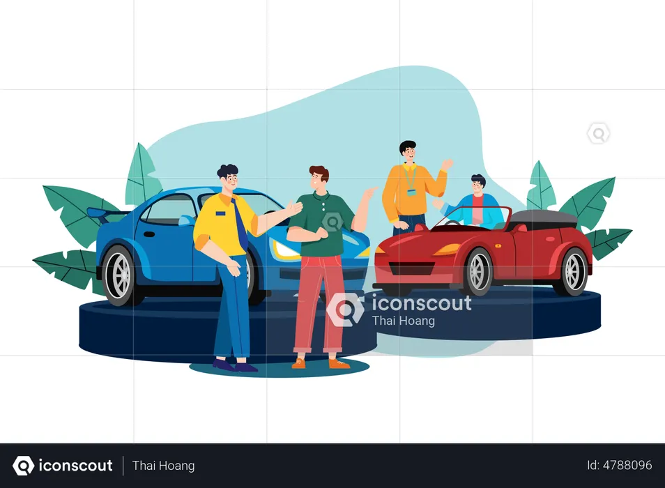Concessionnaire automobile montrant la voiture aux clients  Illustration