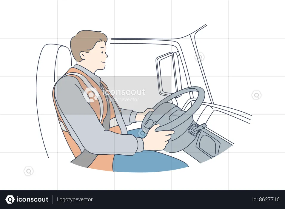 El conductor del camión de reparto transporta mensajeros  Ilustración