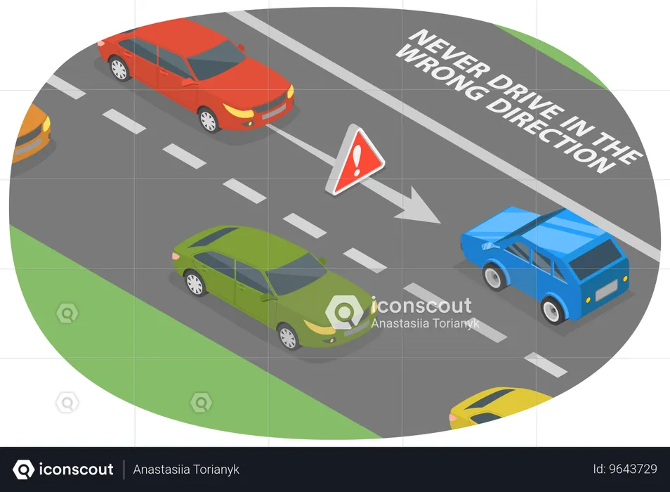 Conduire dans la mauvaise direction sur la route  Illustration